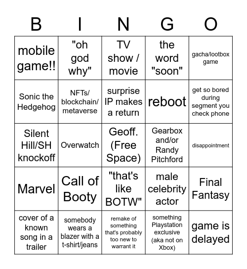 Summer Game Fest Bingo Card