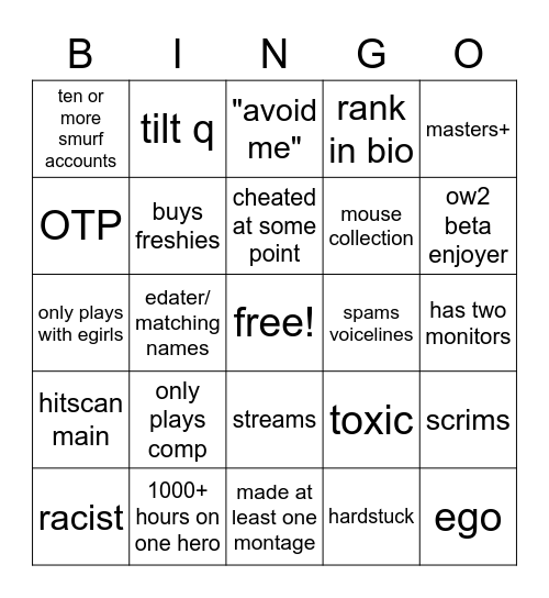 overwatch player Bingo Card