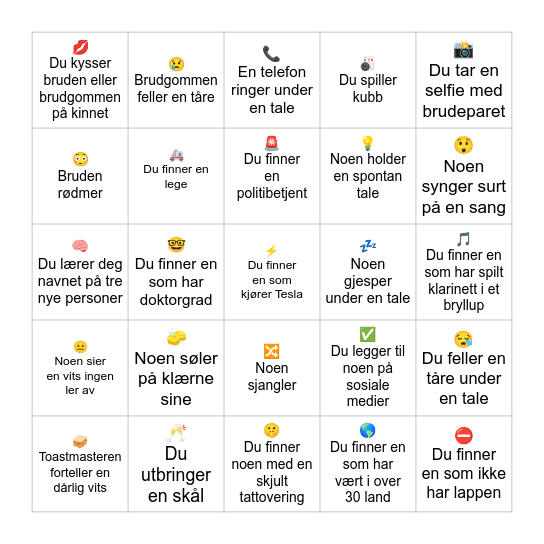 Bryllupsbingo Card