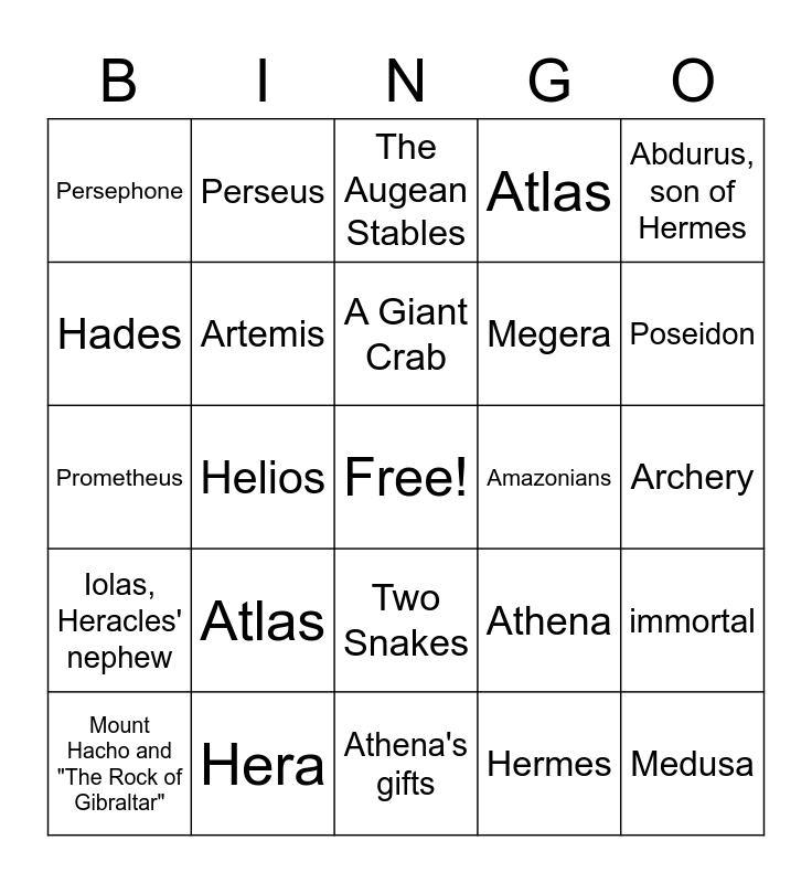 The Story of Heracles Bingo Card