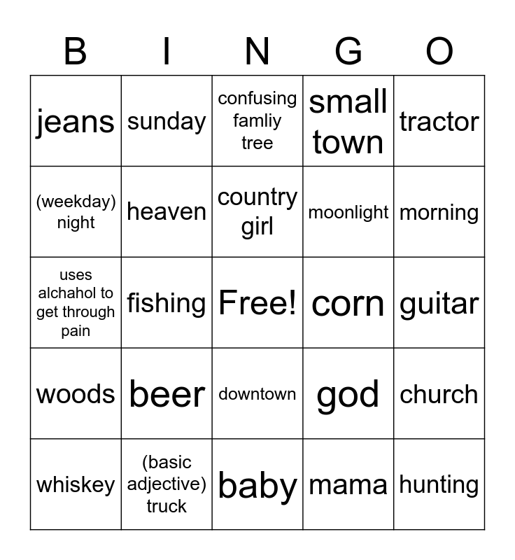 country-song-bingo-card