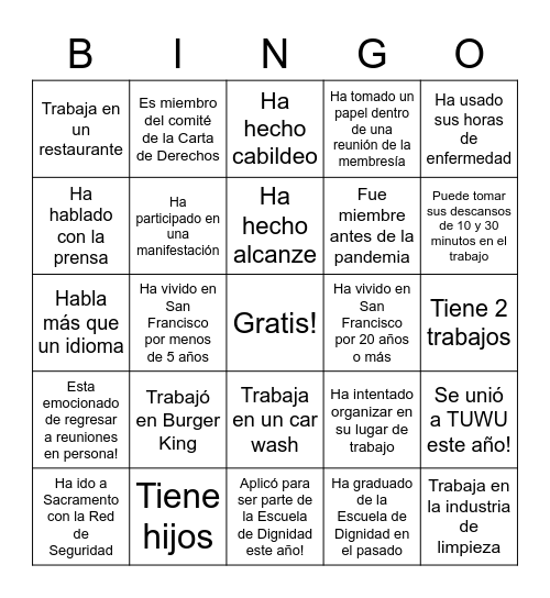 TUWU Membresía Bingo Card
