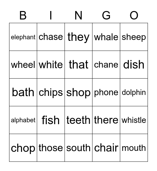 Wh Th Sh Ch Ph Sounds Bingo Card