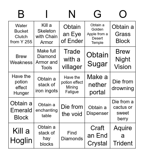 Minecraft Bedrock Lockout Bingo Card