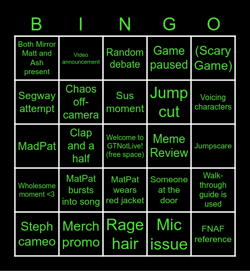 GTNotLive BINGO! Bingo Card