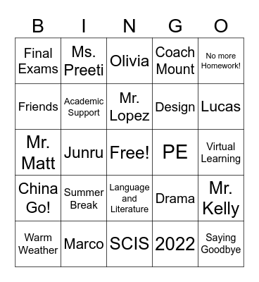 End of the School Year Bingo Card