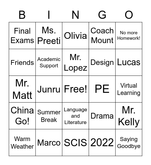 End of the School Year Bingo Card