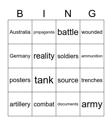 WORLD WAR 1 Bingo Card