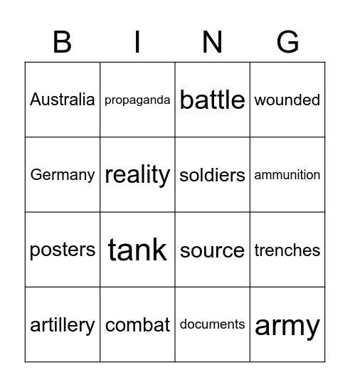 WORLD WAR 1 Bingo Card