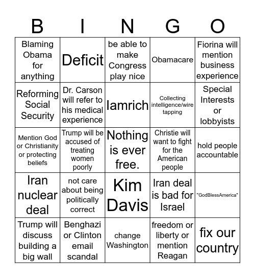 Republican Debate 9/16 Bingo Card