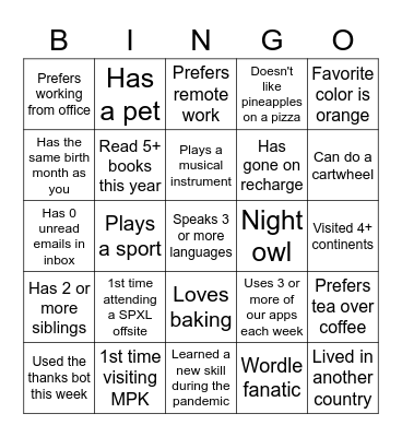 SPXL Ice Breaker! Bingo Card