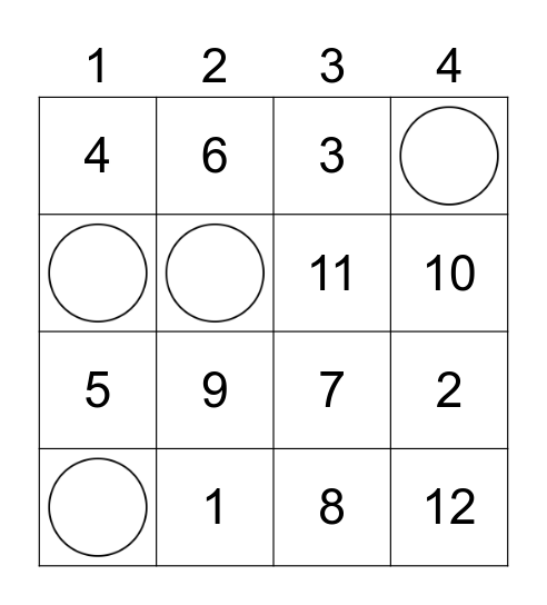 Numbers Bingo Card