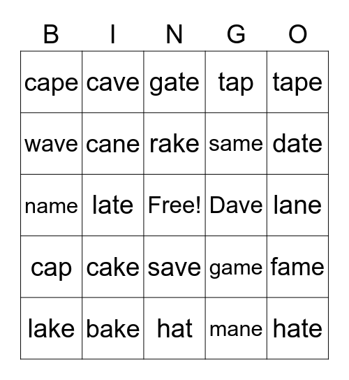 Unit 1 'a_e' Bingo Card