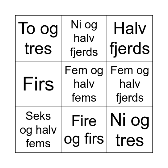 Danske tall Bingo Card