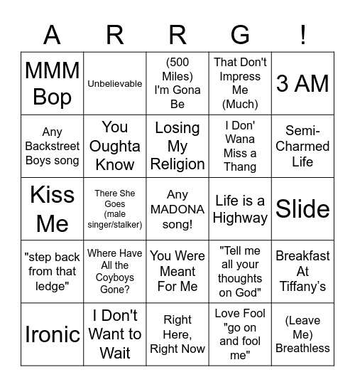 90's Bad Ballad Bingo Card