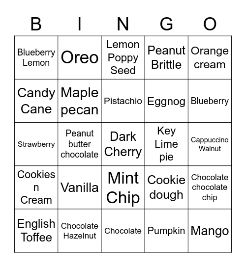 Cashew Bros Ice Cream Bingo Card