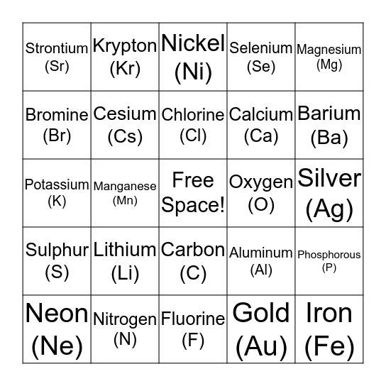 Periodic Table Bingo Card