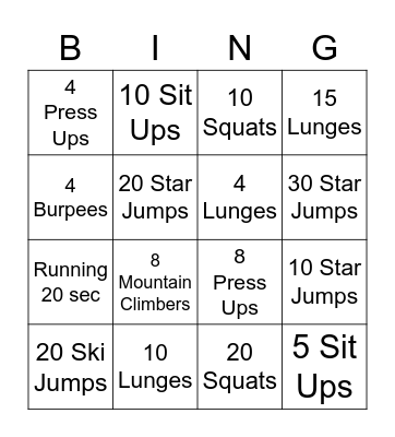 Fitness Bingo Card