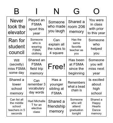 Last Day at FSMA Bingo Card