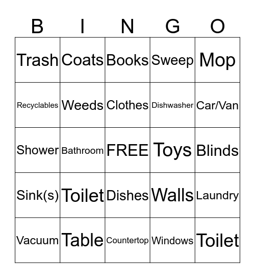 Cleaning Bingo Card