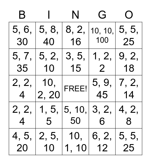 Fact Families Bingo Card