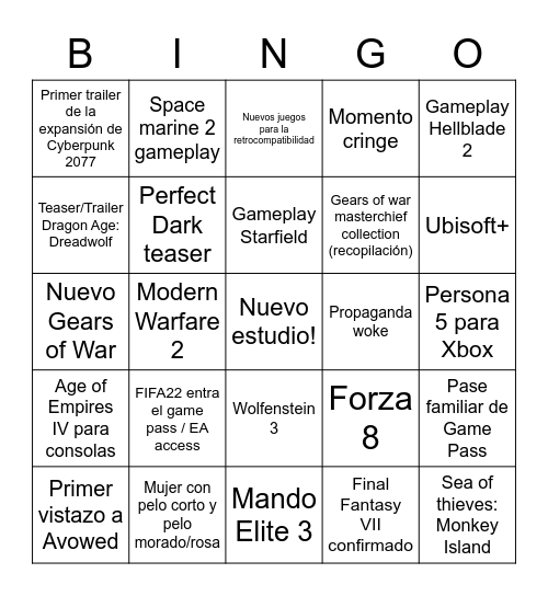 Xbox Showcase Bingo Card