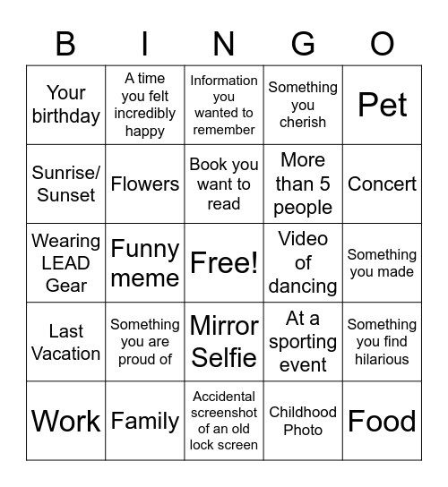 Camera Roll BINGO Card