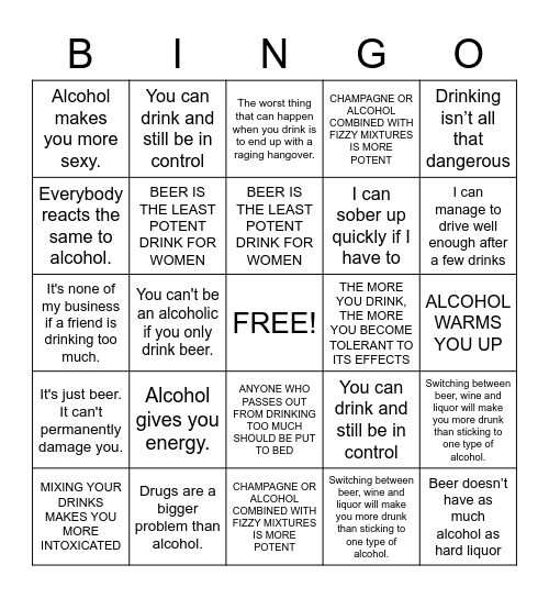 Alcohol Bingo Card