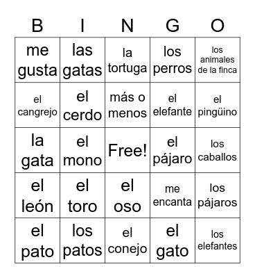 Spanish Animals Bingo Card