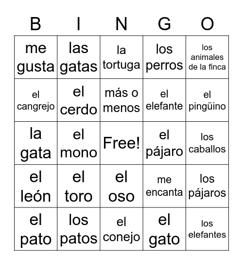 Spanish Animals Bingo Card