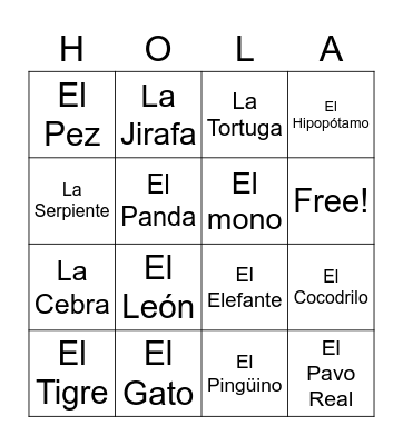 Bingo de Animales Bingo Card