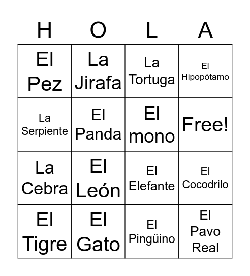 Bingo de Animales Bingo Card