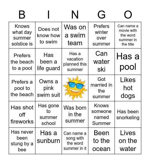 Summer Bingo!  Find Someone Who... Bingo Card