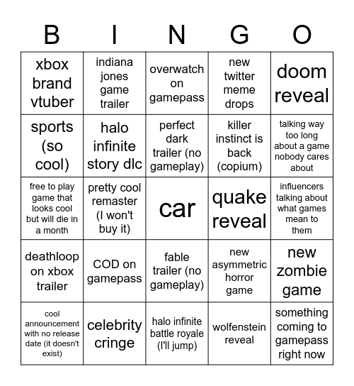 Xbox Gamer Thing Bingo Card