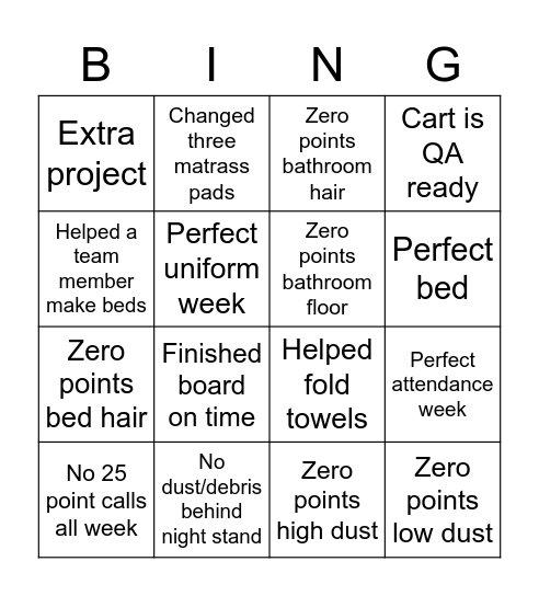 Housekeeping BINGO Card