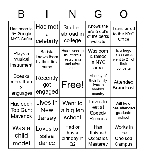 ASAP Alum NYC Bingo Card