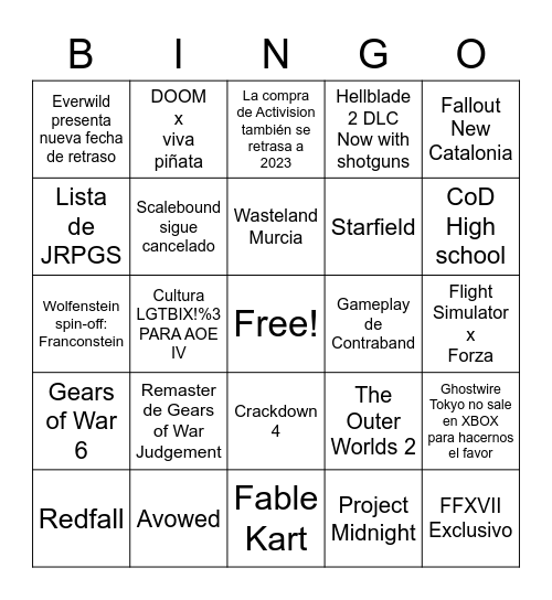 XBOX SHOWCASE Bingo Card