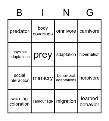 Animal Adaptation Bingo Card