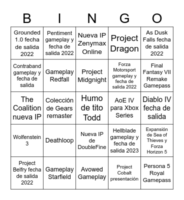 Xbox Showcase Bingo Card