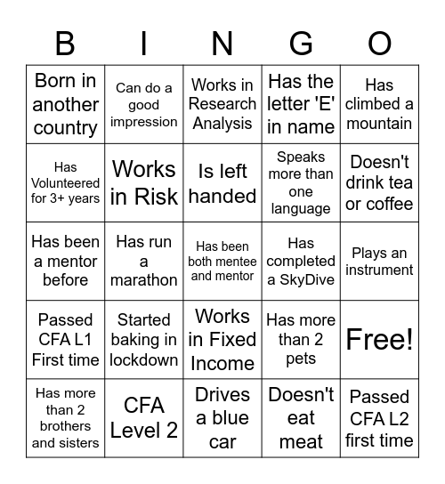 CFA UK mentoring ice breaker Bingo Card