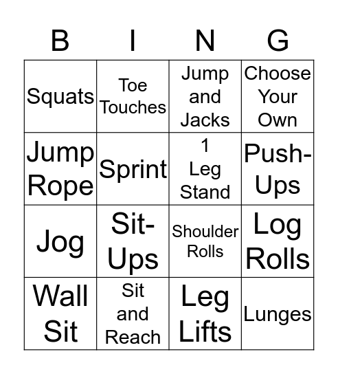 Excercise Bingo Card