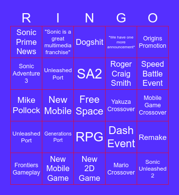 SONIC CENTRAL Bingo Card