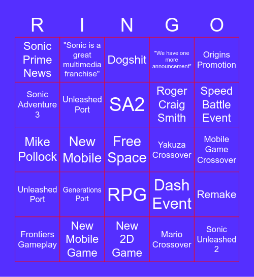 SONIC CENTRAL Bingo Card