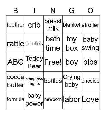 Chanay's Baby Shower Bingo Card