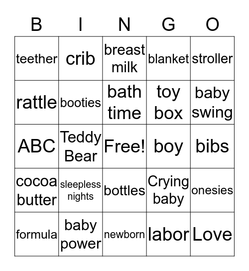 Chanay's Baby Shower Bingo Card