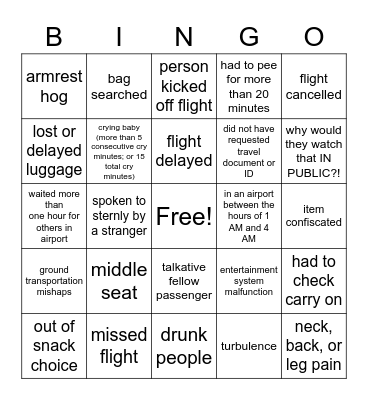 Travel Misfortune Bingo Card