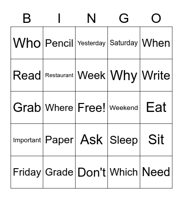 Unit 2 vocab ASL Bingo Card