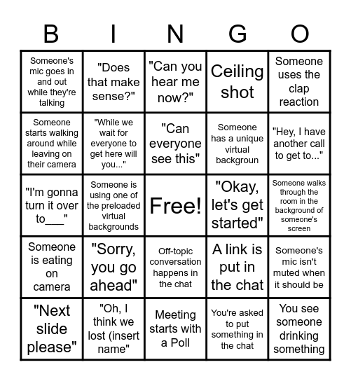 Zoom Meeting BINGO Card