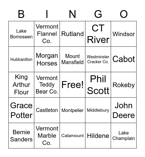 Vermont Bingo Card