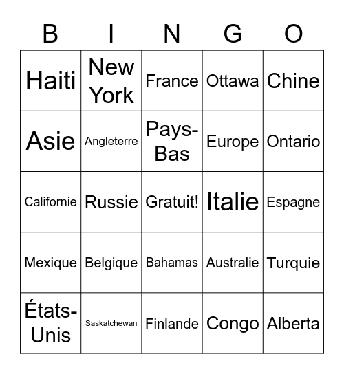 Les prépositions de lieu Bingo Card